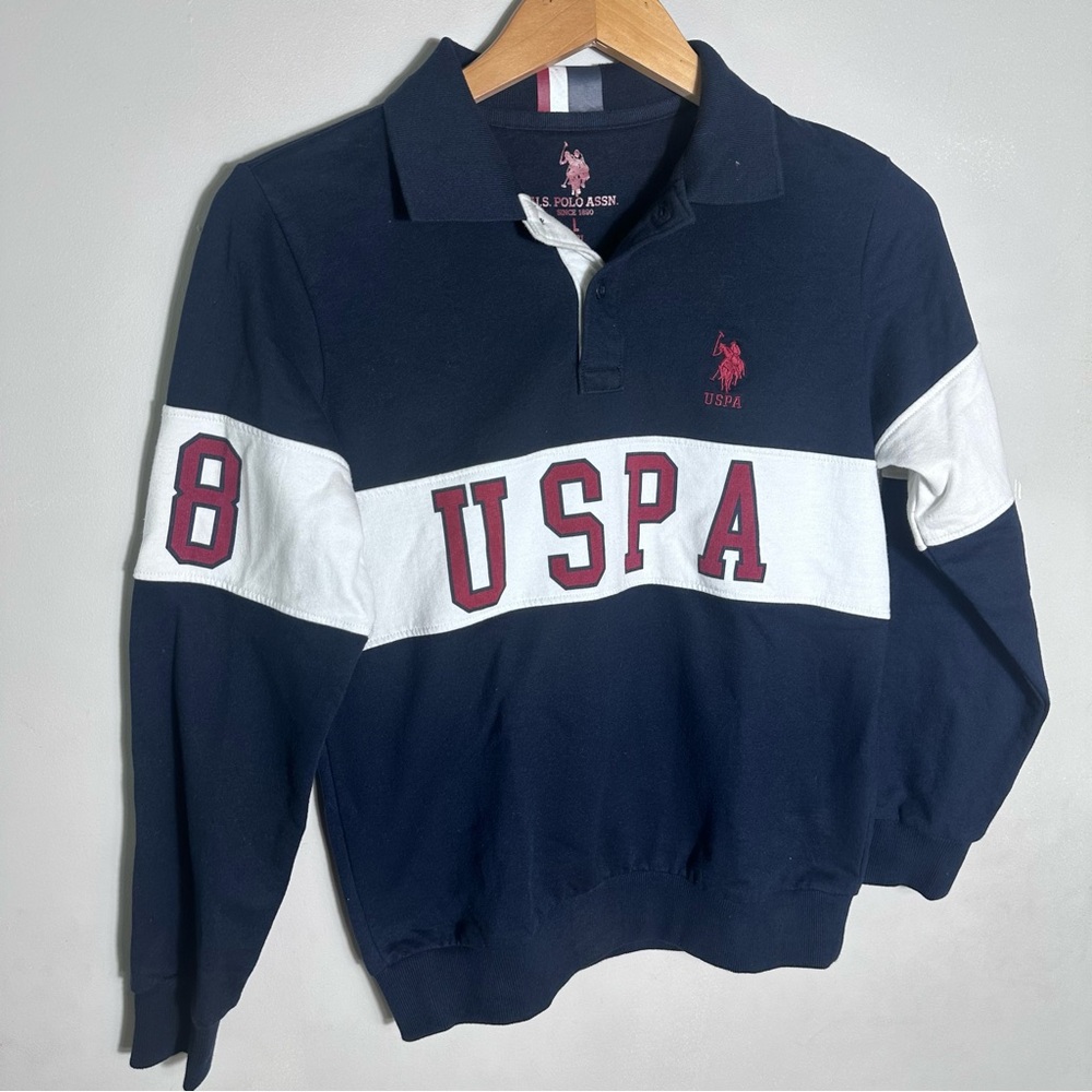 U.S. Polo Assn. Navy White Rugby Polo with Maroon Lettering